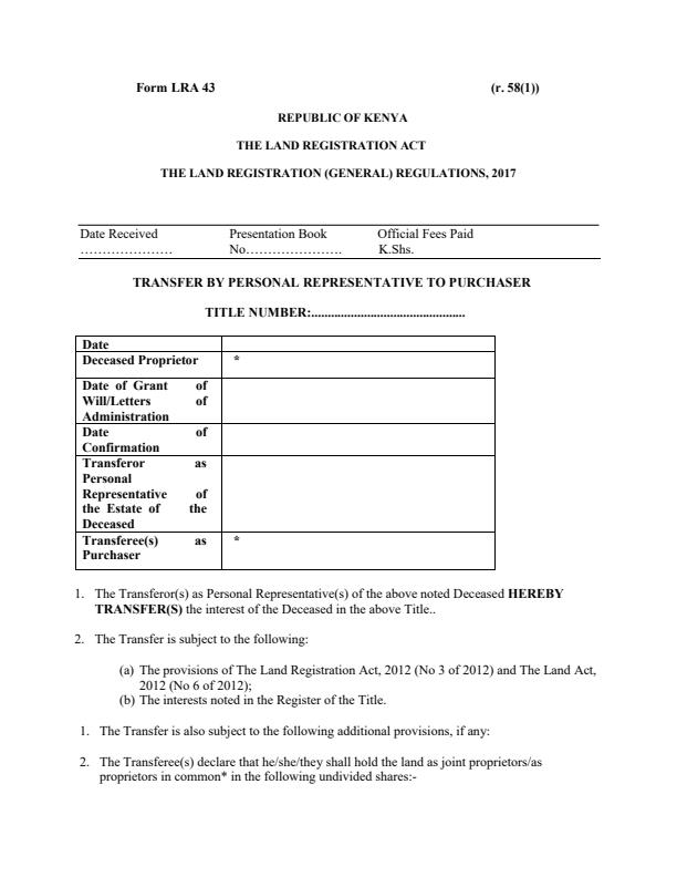 Form LRA 43 – Transfer by Personal Representative to Purchaser — document preview, page 1