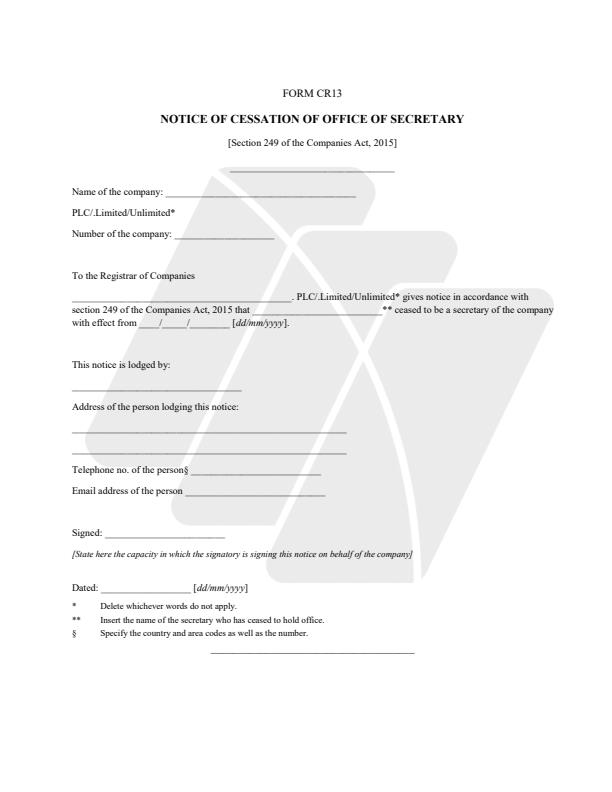 Form CR13 – Notice of Cessation of Office of Secretary — document preview, page 1