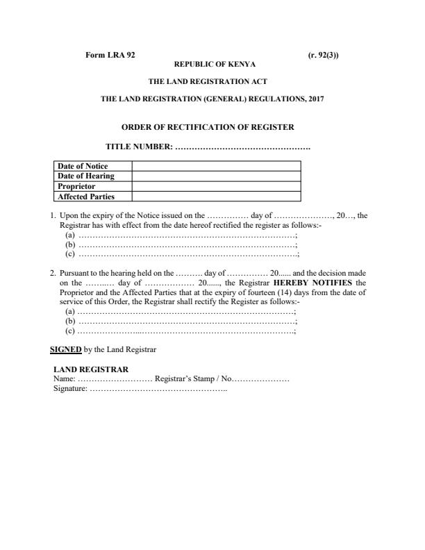 Form LRA 92 – Order of Rectification of Register — document preview, page 1