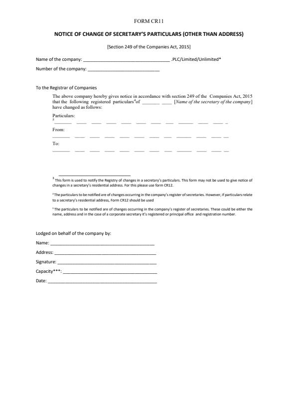 Form CR11 - Notice of Change of Secretary’s Particulars (other than address) — document preview, page 1