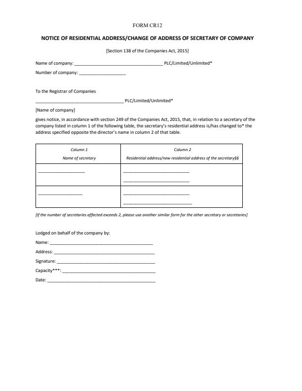 Form CR12 - Notice of Residential Address/Change of Address of Secretary of Company` — document preview, page 1