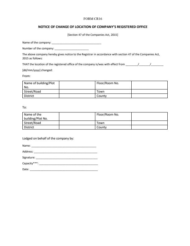 Form CR16 - Notice of Change of Location of Company’s Registered Office — document preview, page 1