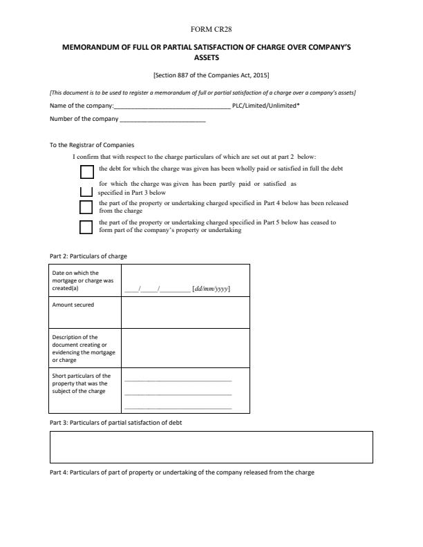 Form CR28 - Memorandum of Full or Partial Satisfaction of Charge Over Company’s Assets — document preview, page 1