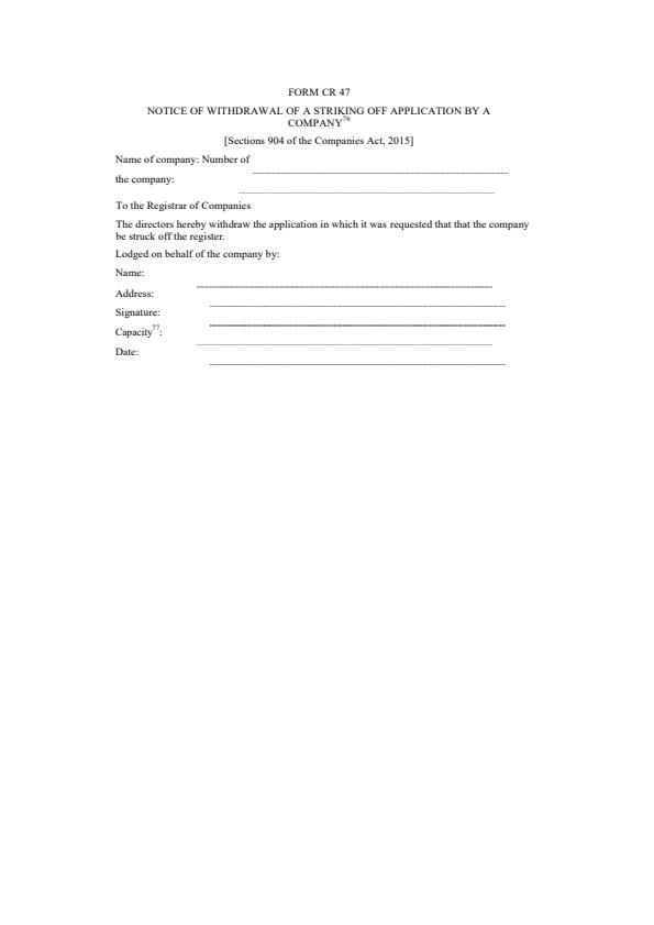 Form CR47 – Notice of Withdrawal of a Striking Off Application by a Company — document preview, page 1