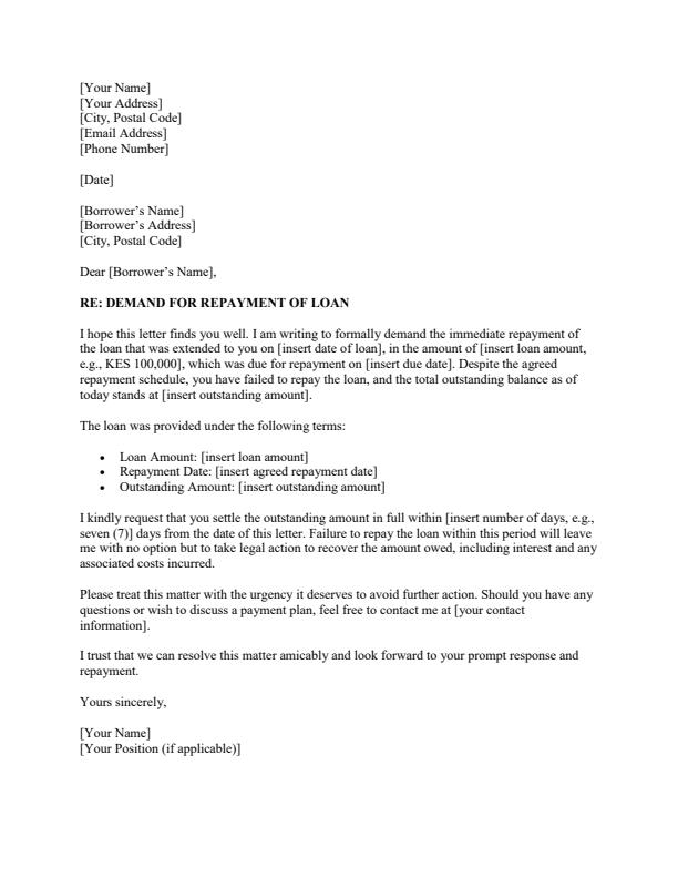 Sample Demand Letter for Repayment of Loan in Kenya — document preview, page 1