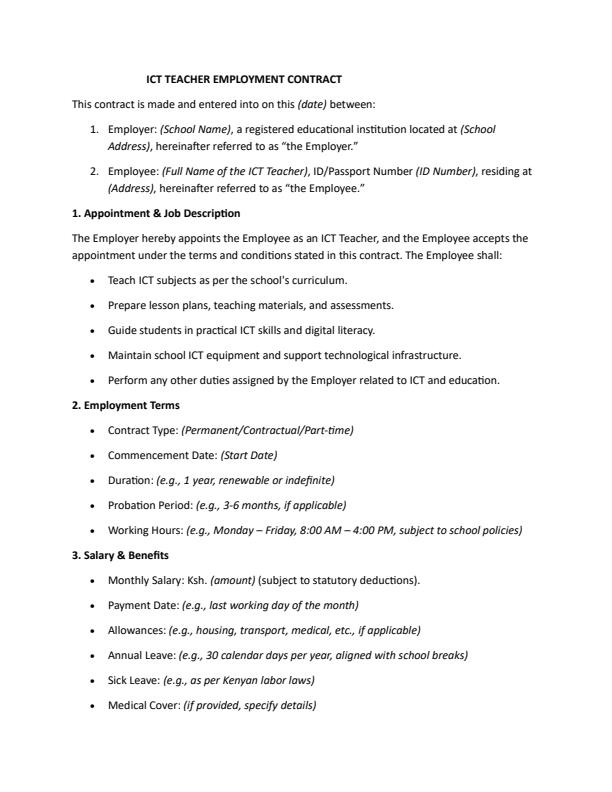ICT Teacher Employment Contract — document preview, page 1