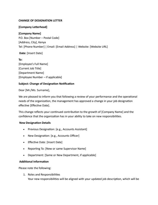 Change of Designation Letter — document preview, page 1
