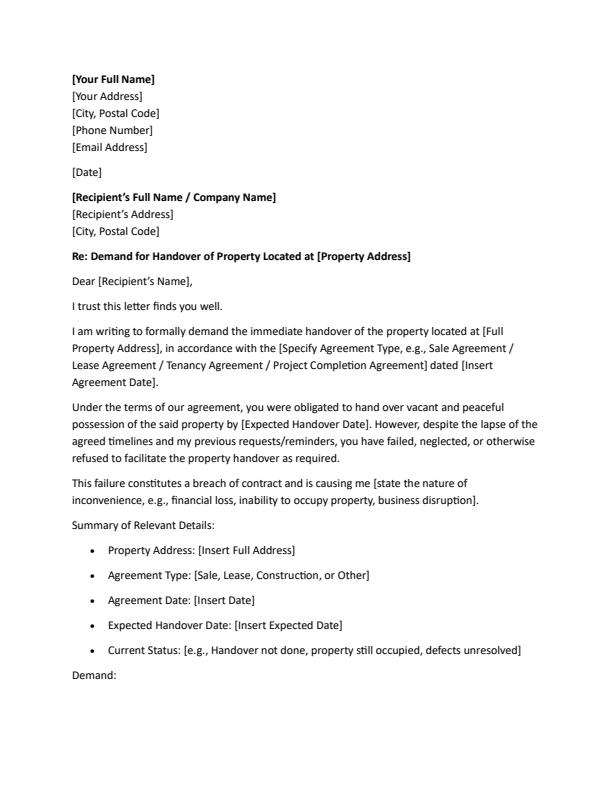 Demand Letter for Property Handover — document preview, page 1