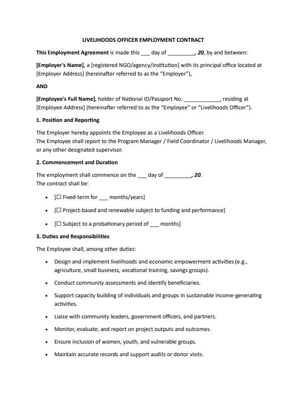 Livelihoods Officer Employment Contract — document preview, page 1