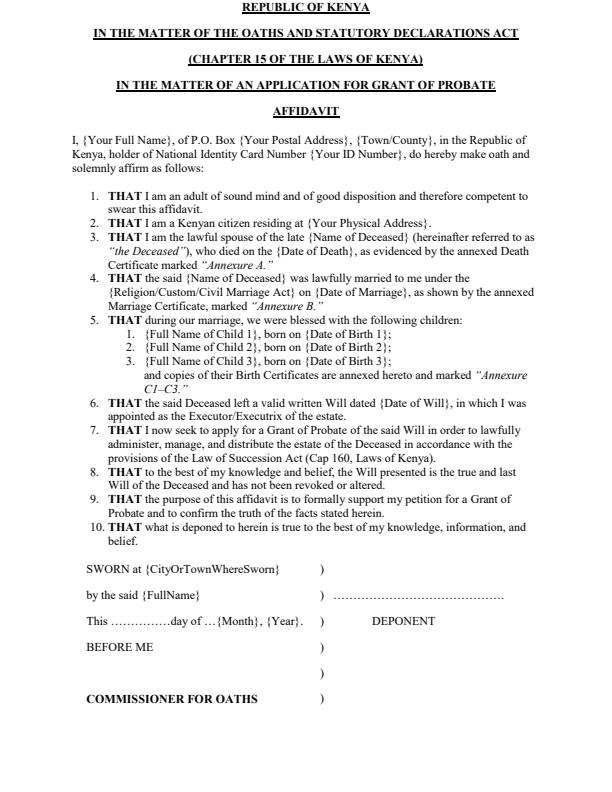 Affidavit for Grant of Probate Affidavit for Grant of Probate