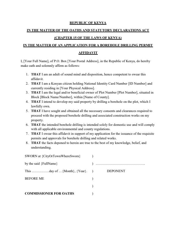 Affidavit in Support of Borehole Drilling Permit Application Affidavit in Support of Borehole Drilling Permit Application