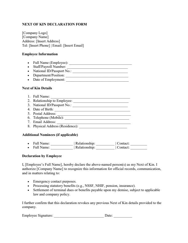 Next of Kin Declaration Form