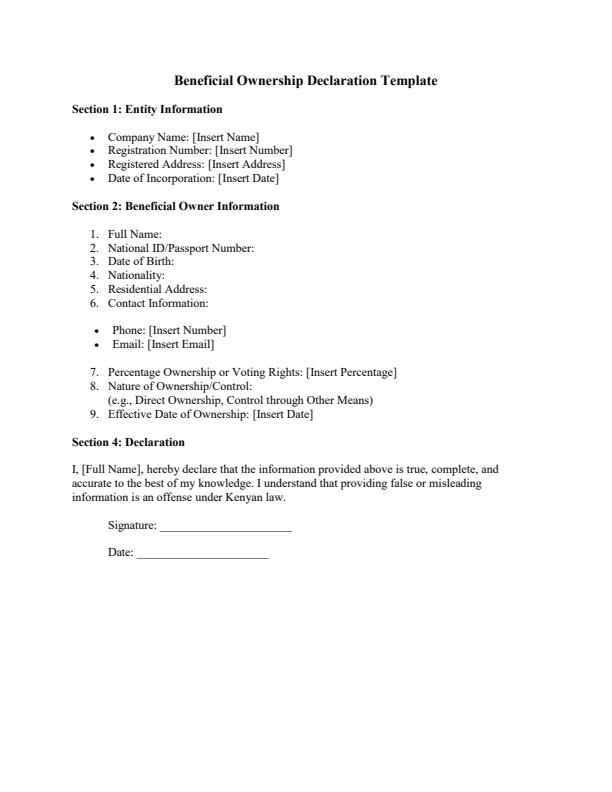 Sample Beneficial Ownership Declaration Template